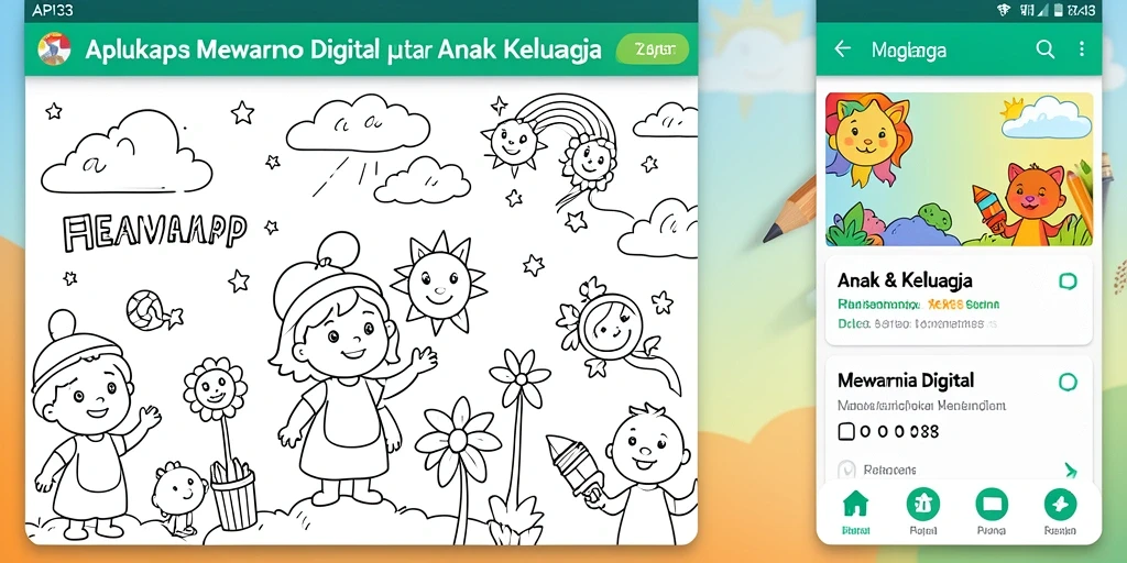 Screenshot utama API33 menampilkan anak-anak berinteraksi dengan aplikasi Mewarnai Digital.
