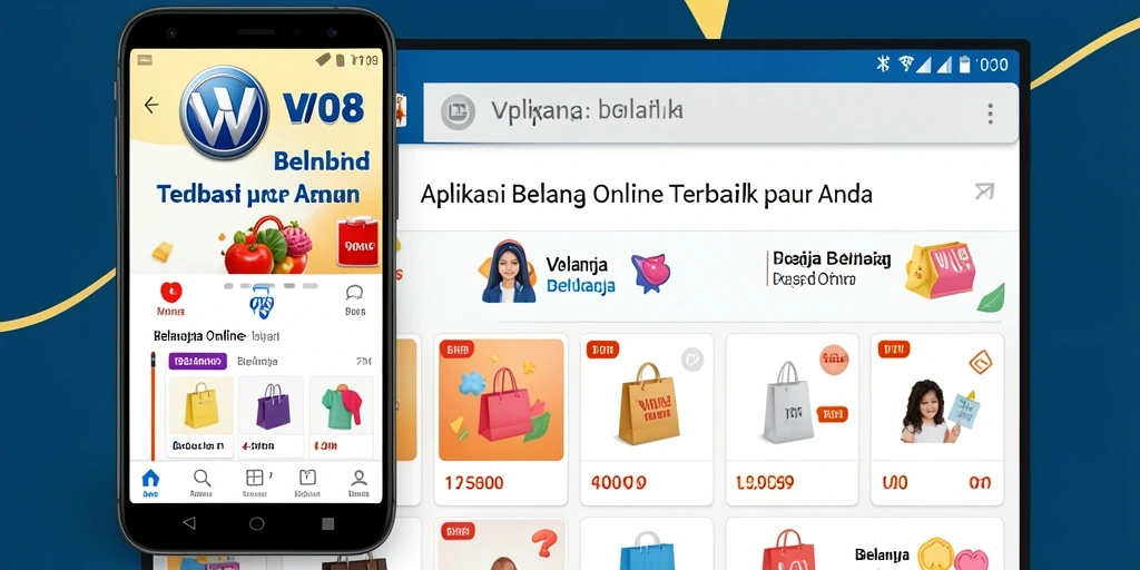 Tampilan antarmuka aplikasi VW108 untuk belanja online dengan kategori produk.
